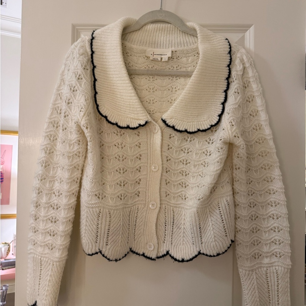 Anthropologie Endless Rose White Cardigan with Black Scallop Trim — size M